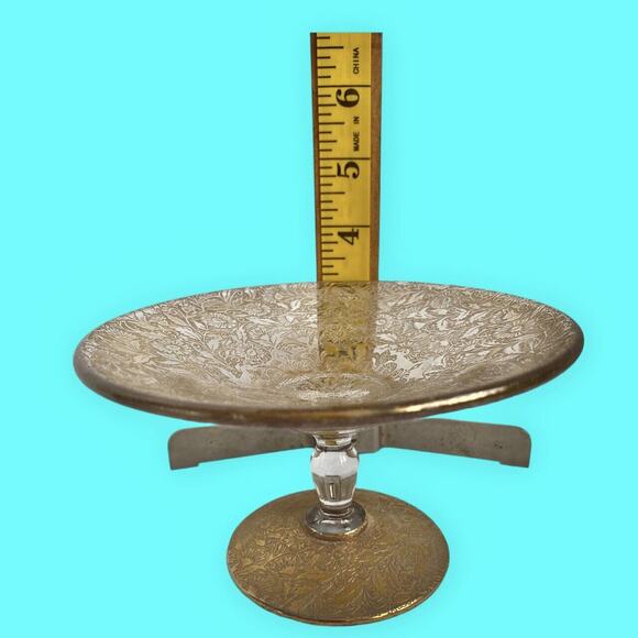 Vintage Ornate Gold Filigree Footed Dish with Crystal Stem on Gold Filigree Base - Picture 10 of 11